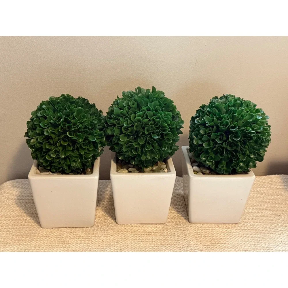 Set of 3 Faux Boxwood Topiary Plants in White Ceramic Square Pots with Stones